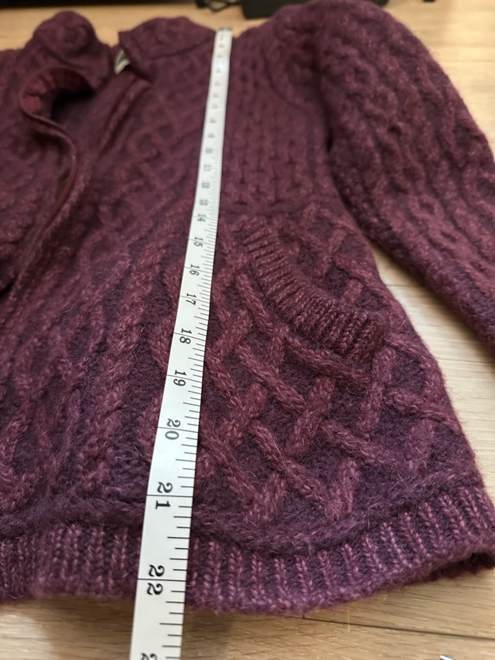 Aran Crafts %100 Merino Wool Cable-Knit Full Zip Purple Cardigan Sweater - Picture 7 of 7